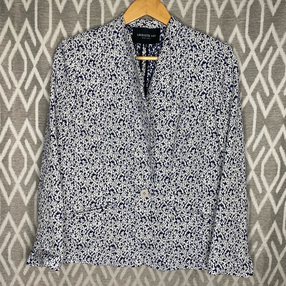 Lafayette 148 New York Woven Jacquard Single Button Blazer Blue & Cream Size:8